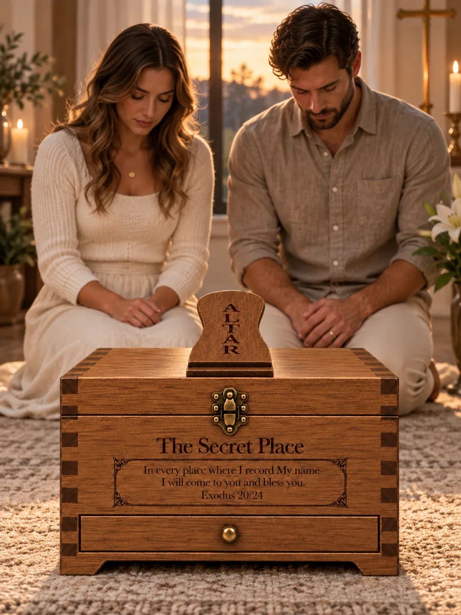 A husband and wife kneeling in prayer at the family altar