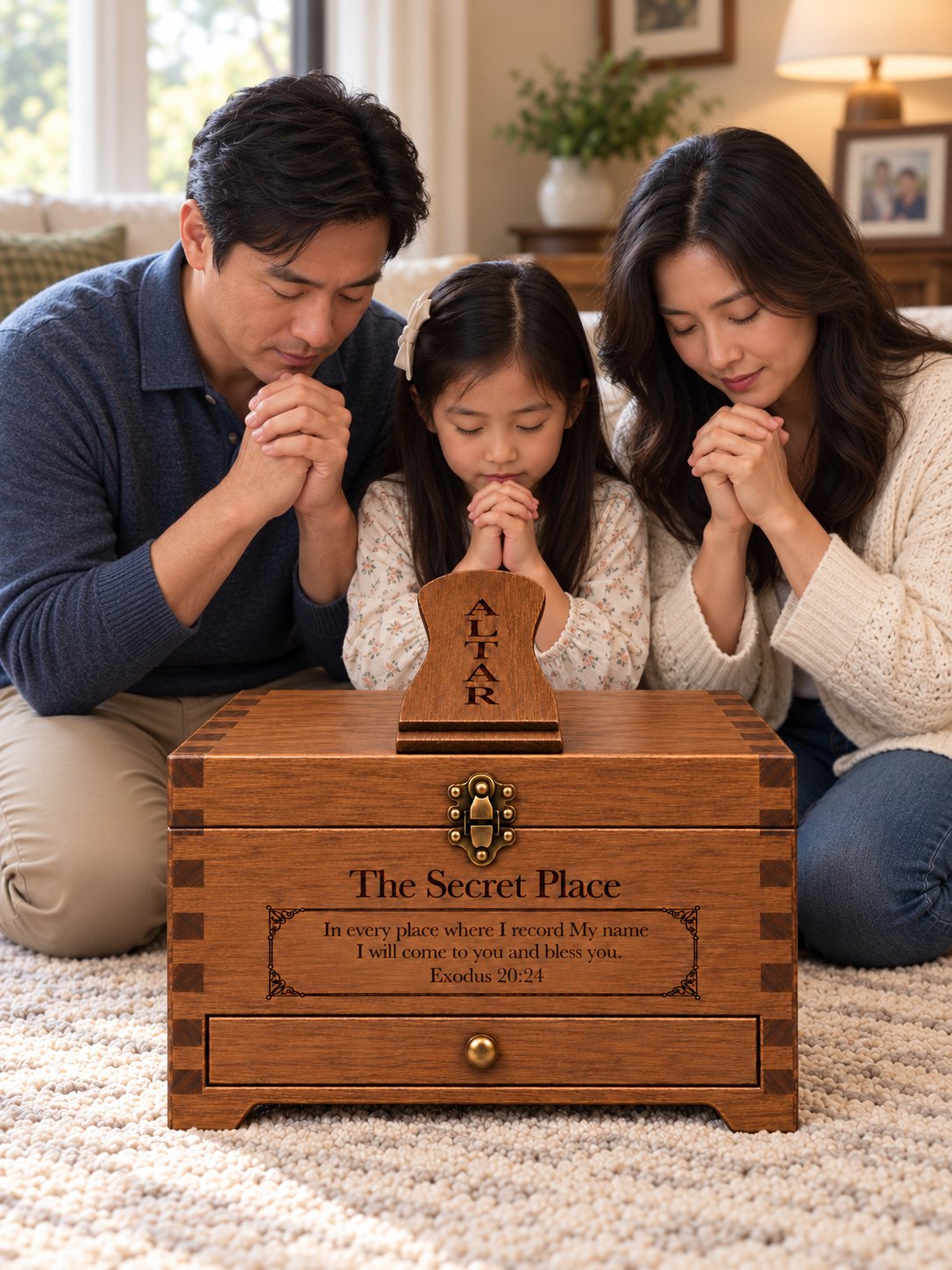 A father, mother and daughter praying at the family altar