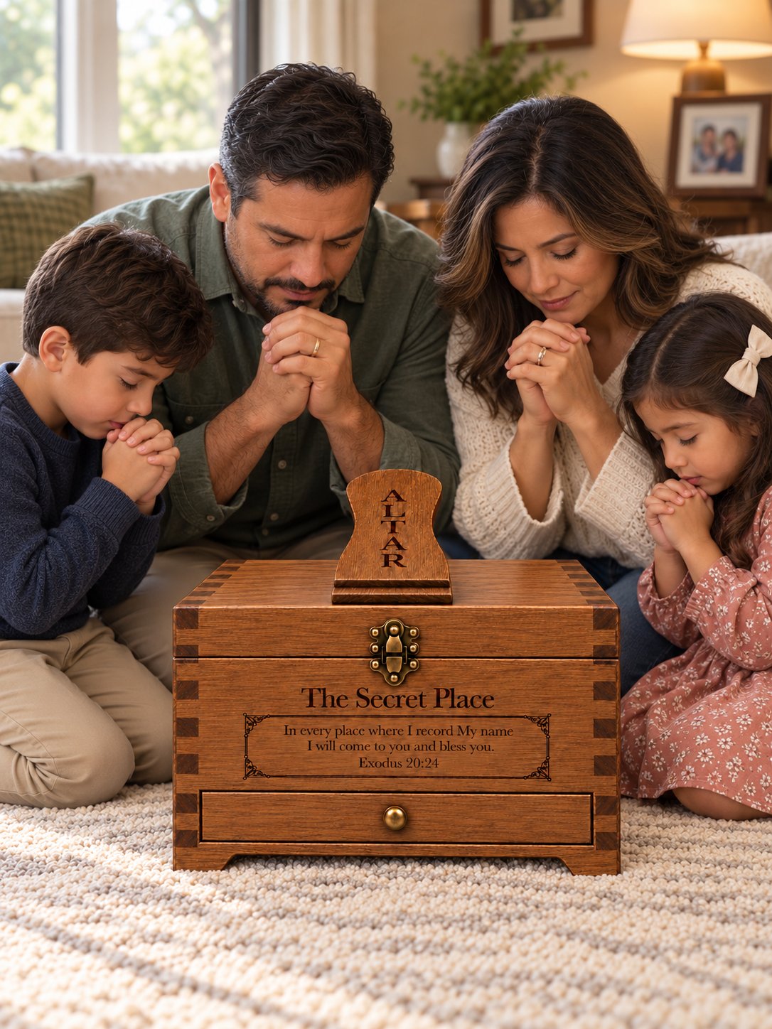 A family with two children kneeling in prayer at the altar