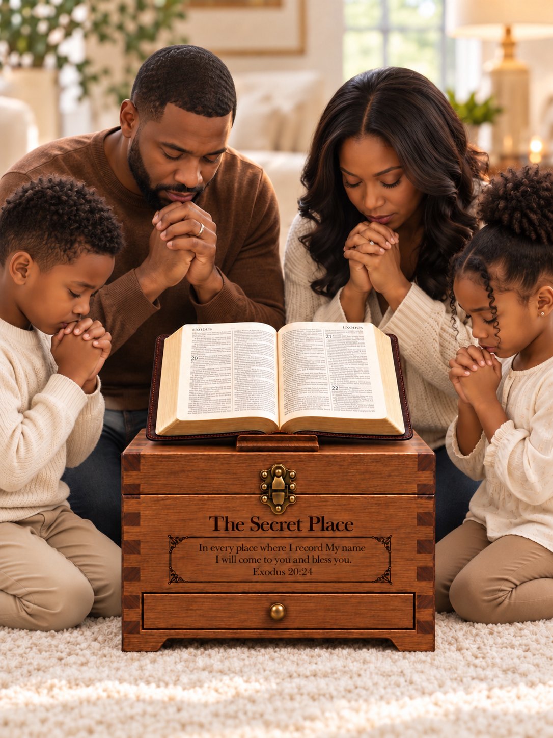 A family praying around an open Bible on the altar