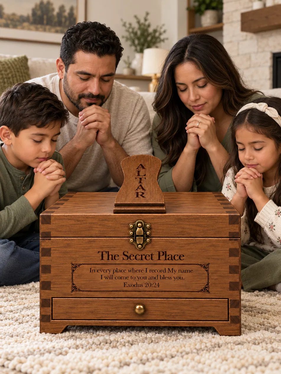 A family kneeling in prayer at The Secret Place family altar