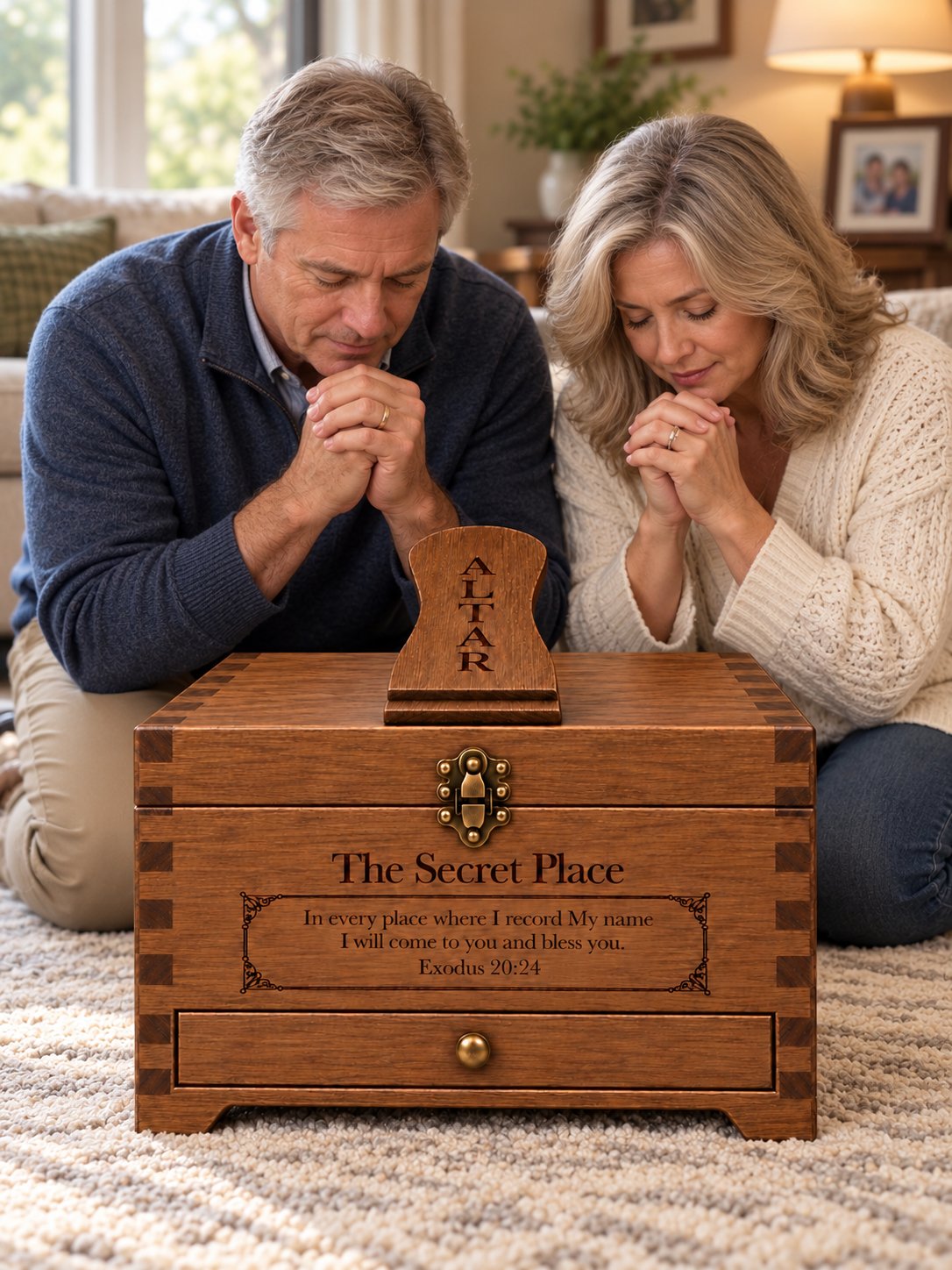 An older couple praying together at the family altar