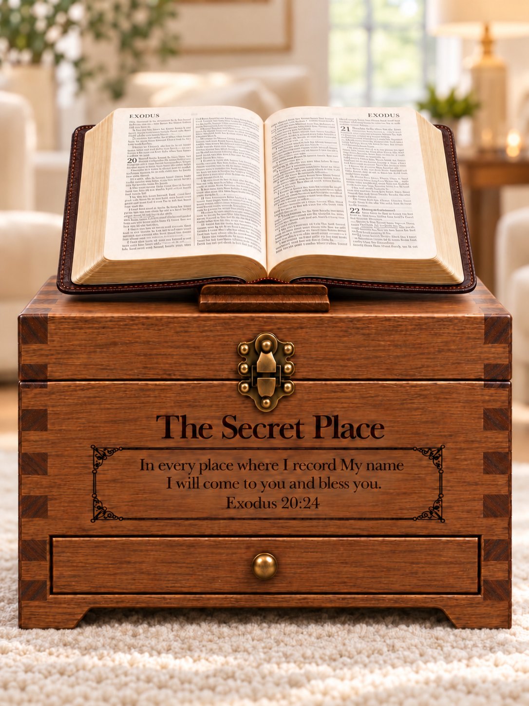 An open Bible resting on the altar foot plate