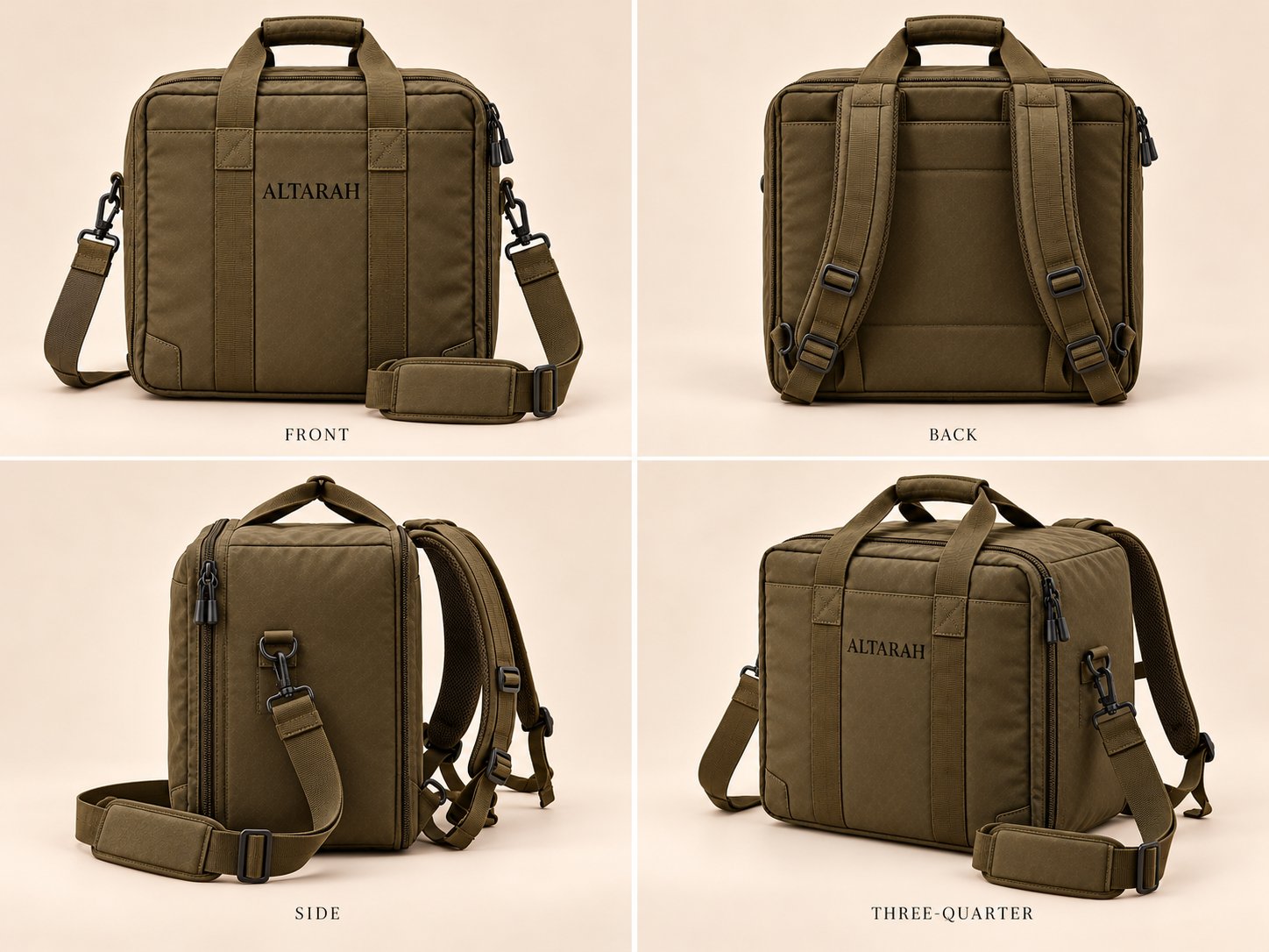 Front, back, side, and three-quarter views of the Altarah field case showing backpack straps