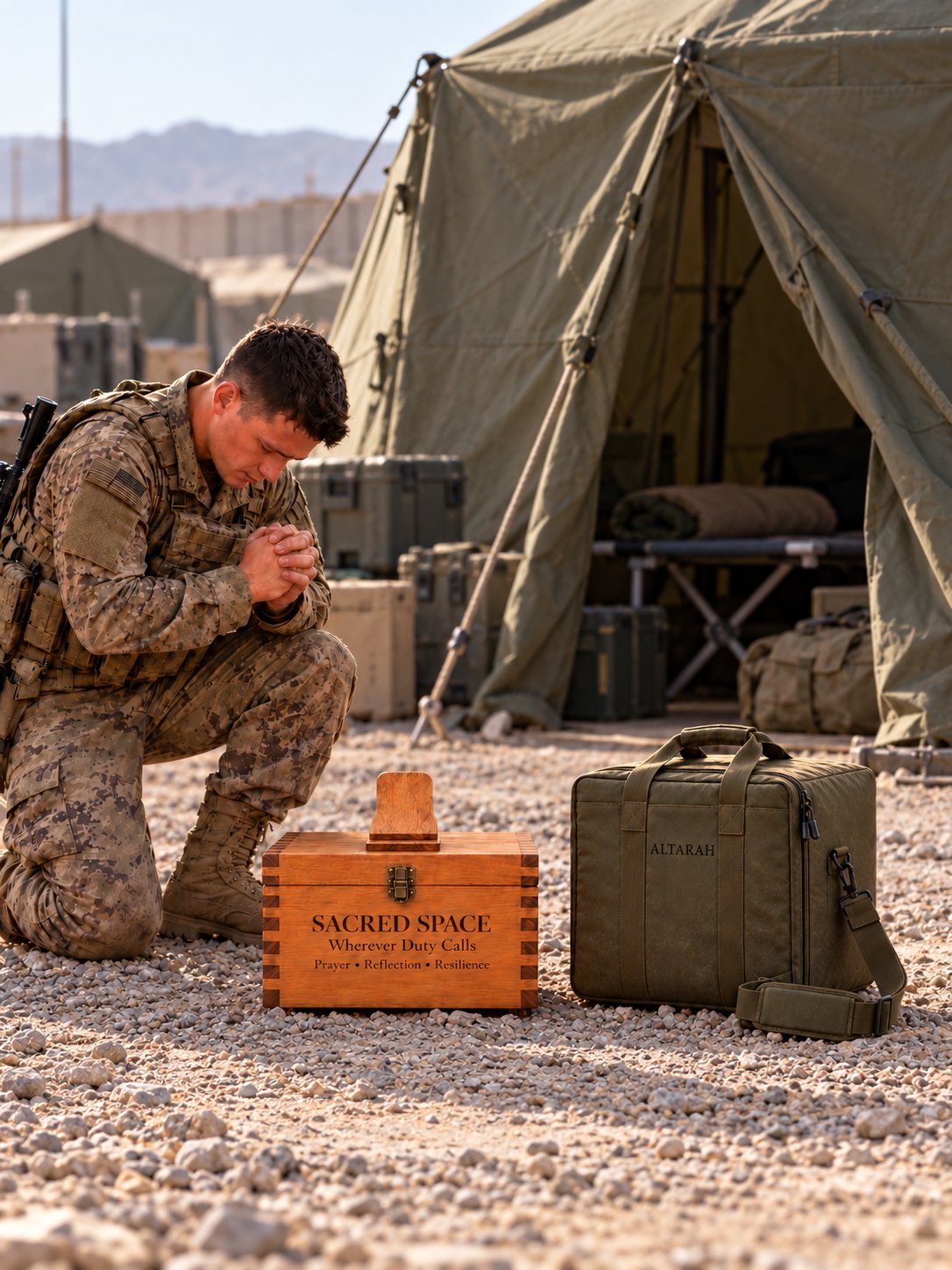 A service member kneeling in prayer at the Altarah field altar outside a tent, with the field case beside it